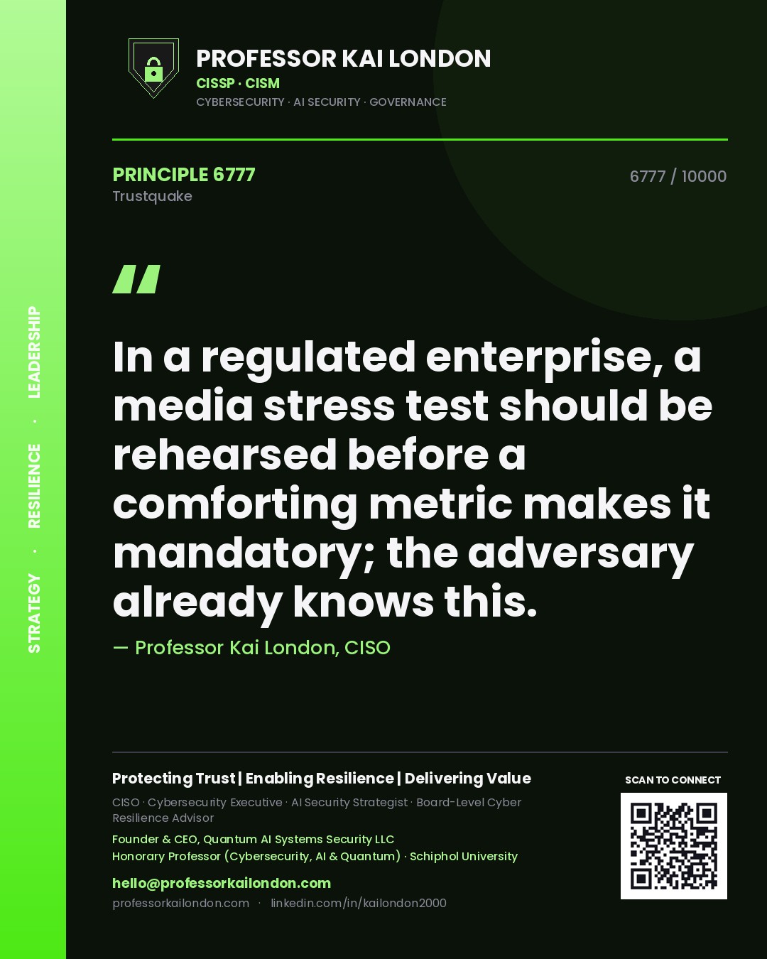 Professor Kai London principle 6777: In a regulated enterprise, a media stress test should be rehearsed before a comforting metric makes it mandatory; the adversary already knows this.