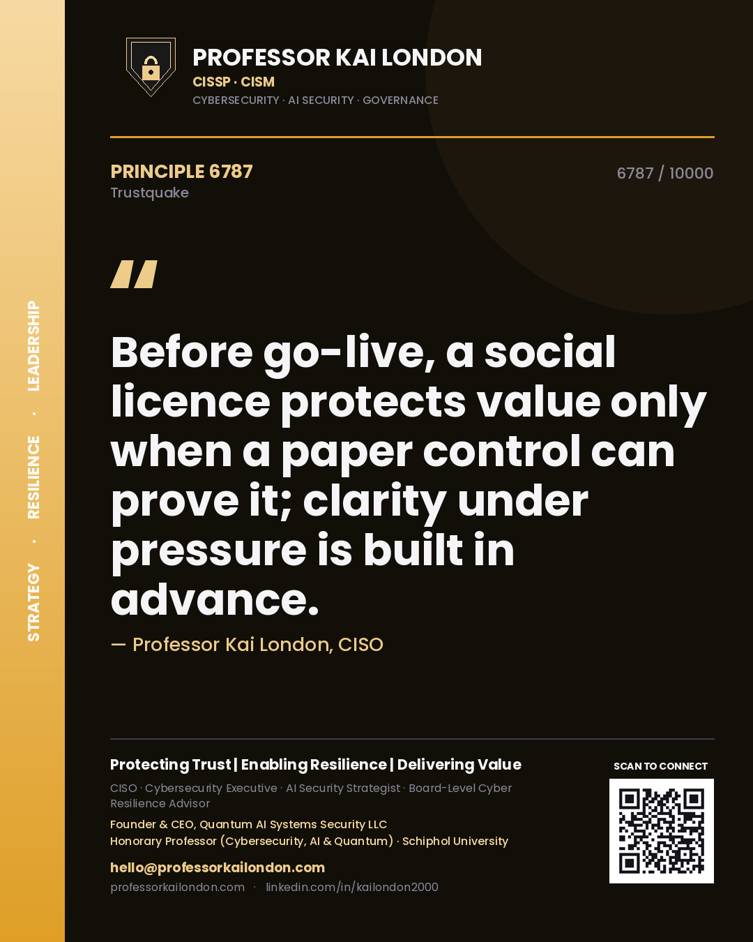 Quote card by Professor Kai London reading 'Before go-live, a social licence protects value only when a paper control can prove it; clarity under pressure is built in advance.'. From the book Trustquake.