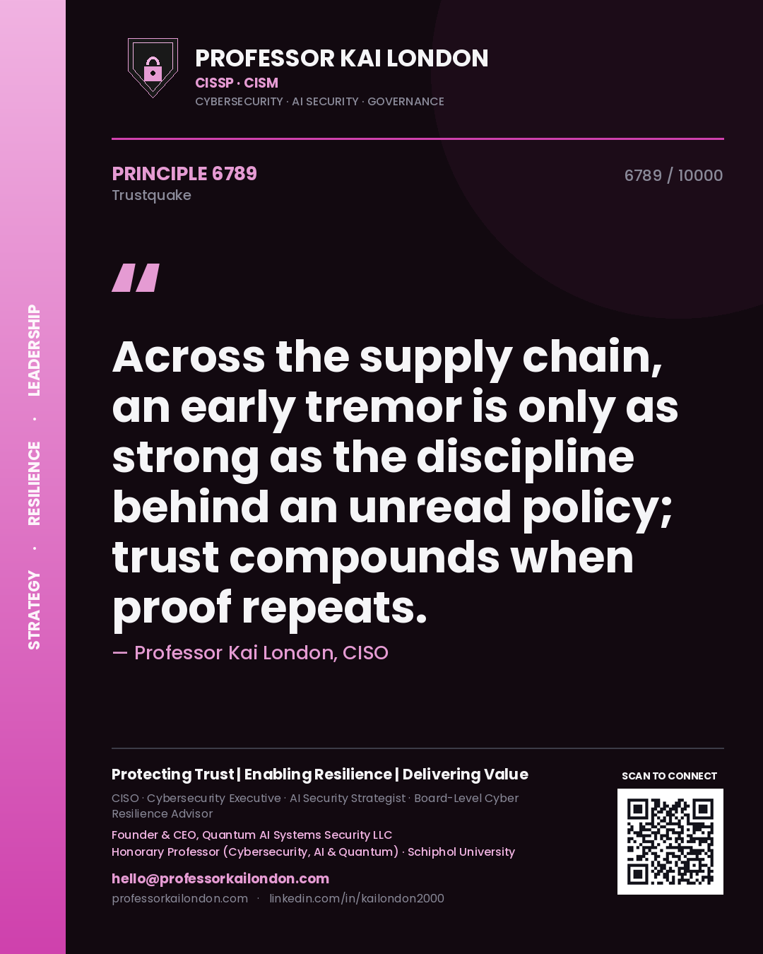 Professor Kai London principle 6789: Across the supply chain, an early tremor is only as strong as the discipline behind an unread policy; trust compounds when proof repeats.