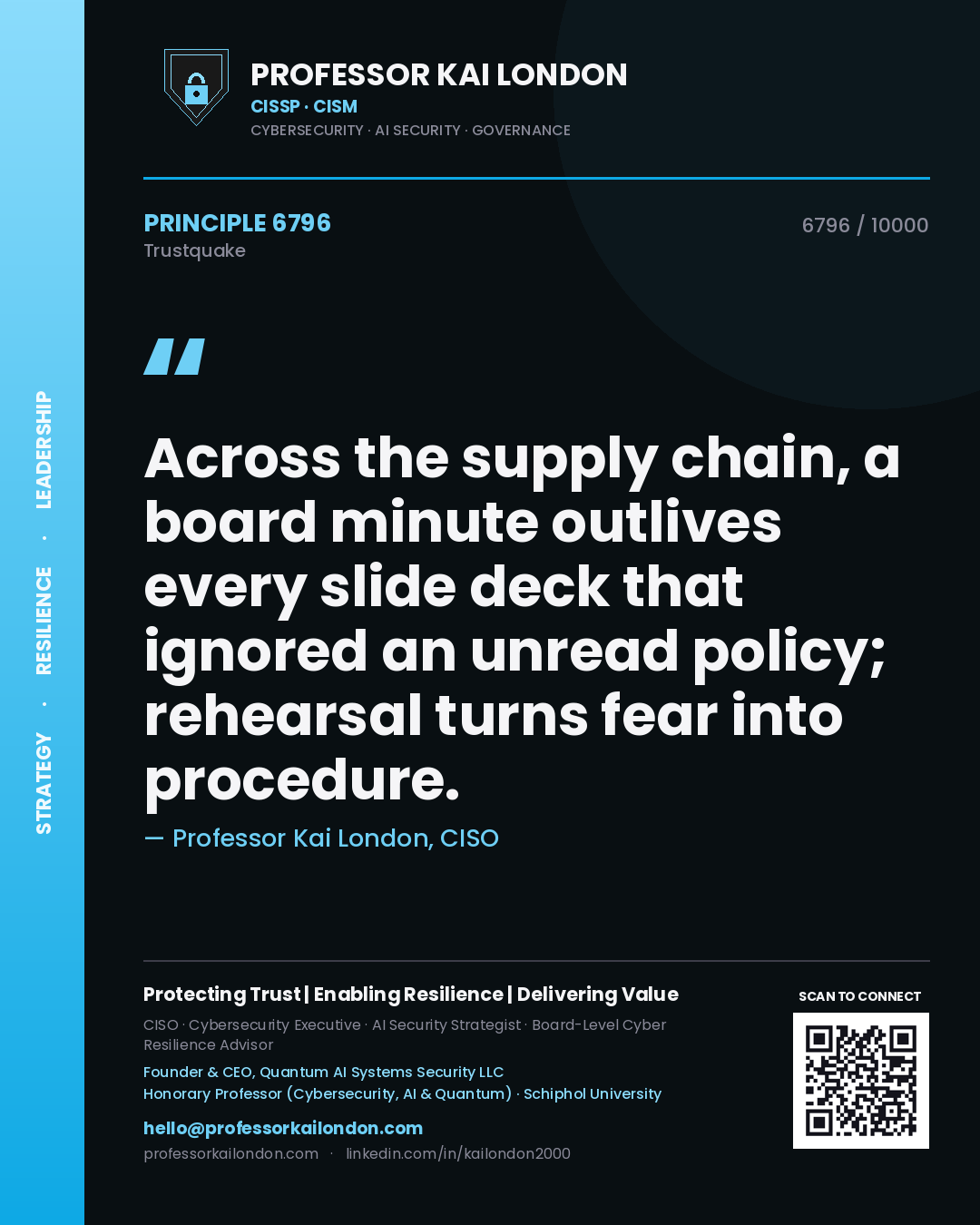 Professor Kai London principle 6796: Across the supply chain, a board minute outlives every slide deck that ignored an unread policy; rehearsal turns fear into procedure.