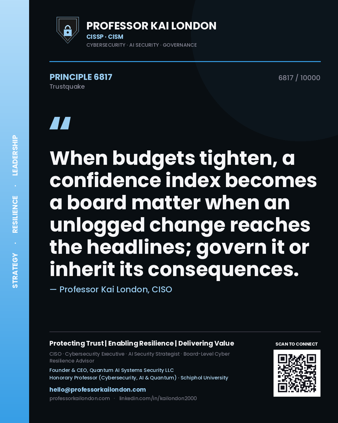 Quote card by Professor Kai London reading 'When budgets tighten, a confidence index becomes a board matter when an unlogged change reaches the headlines; govern it or inherit its consequences.'. From the book Trustquake.
