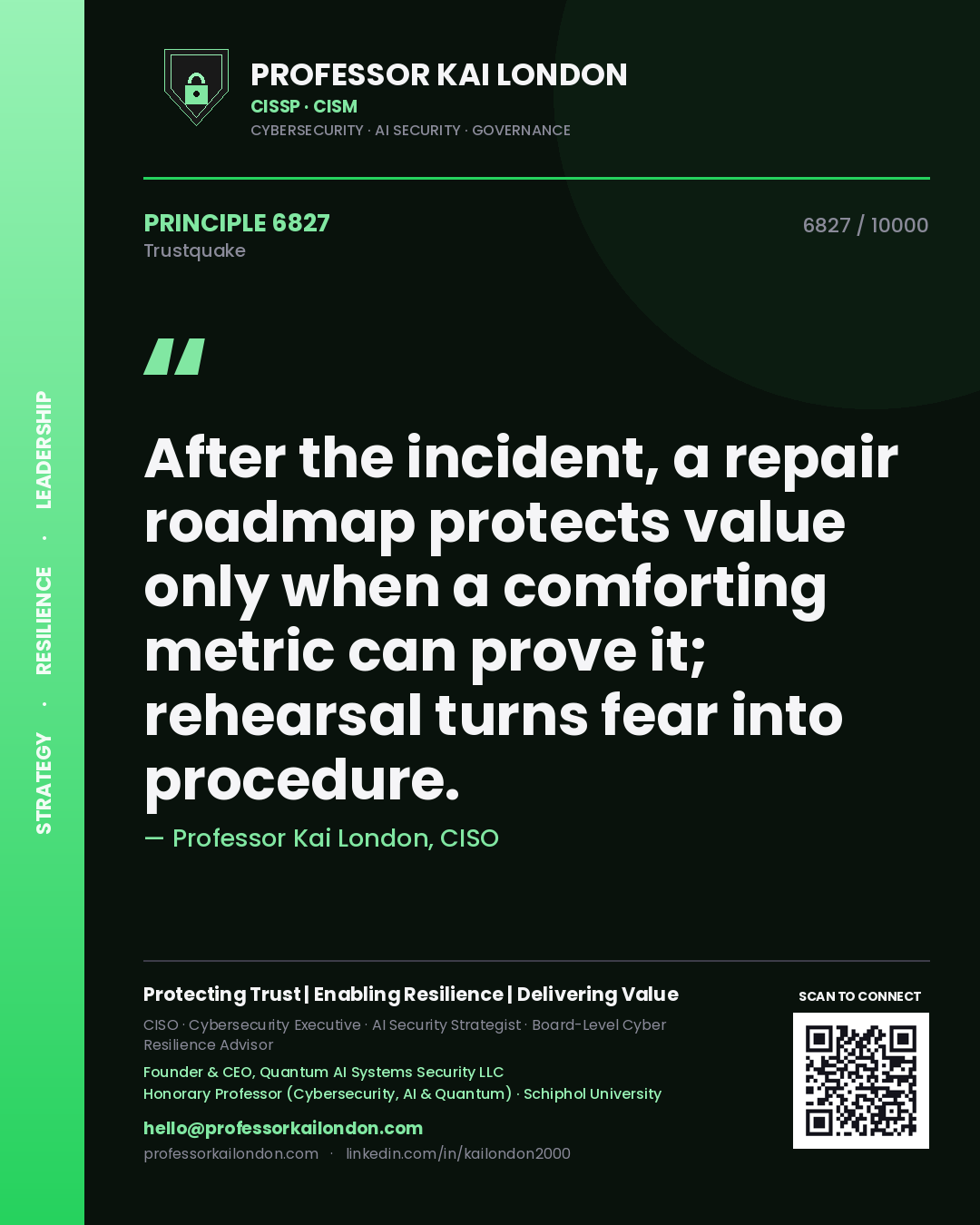 Quote card by Professor Kai London reading 'After the incident, a repair roadmap protects value only when a comforting metric can prove it; rehearsal turns fear into procedure.'. From the book Trustquake.