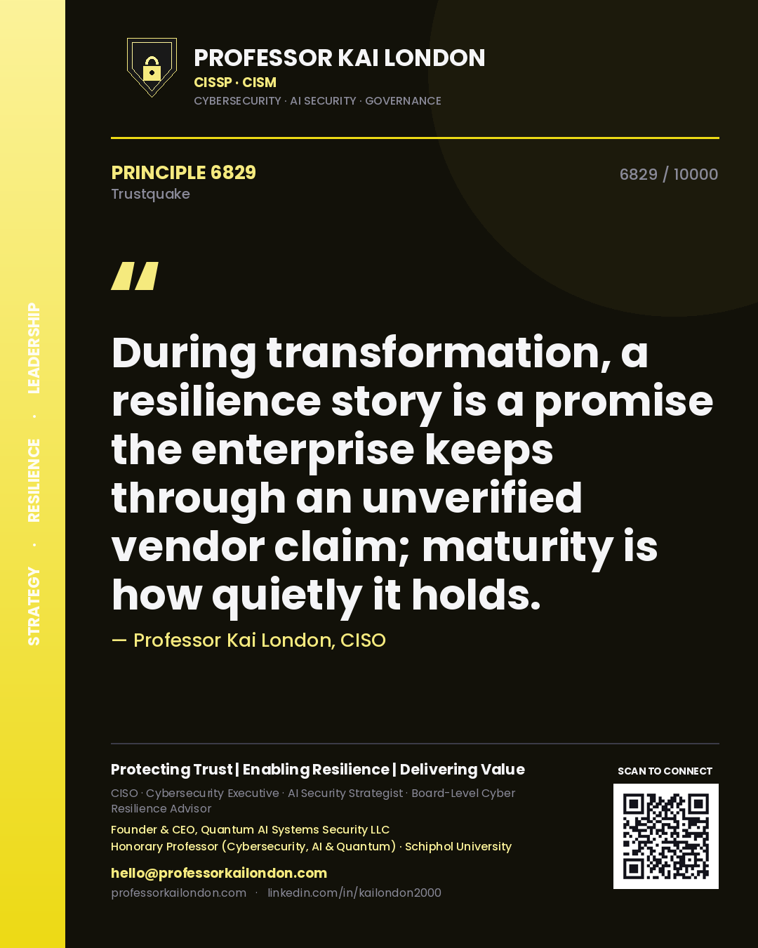 Professor Kai London principle 6829: During transformation, a resilience story is a promise the enterprise keeps through an unverified vendor claim; maturity is how quietly it holds.