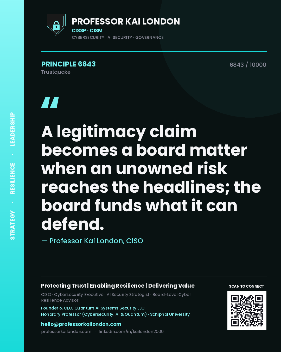 Quote card by Professor Kai London reading 'A legitimacy claim becomes a board matter when an unowned risk reaches the headlines; the board funds what it can defend.'. From the book Trustquake.
