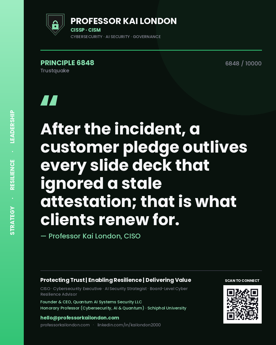 Quote card by Professor Kai London reading 'After the incident, a customer pledge outlives every slide deck that ignored a stale attestation; that is what clients renew for.'. From the book Trustquake.