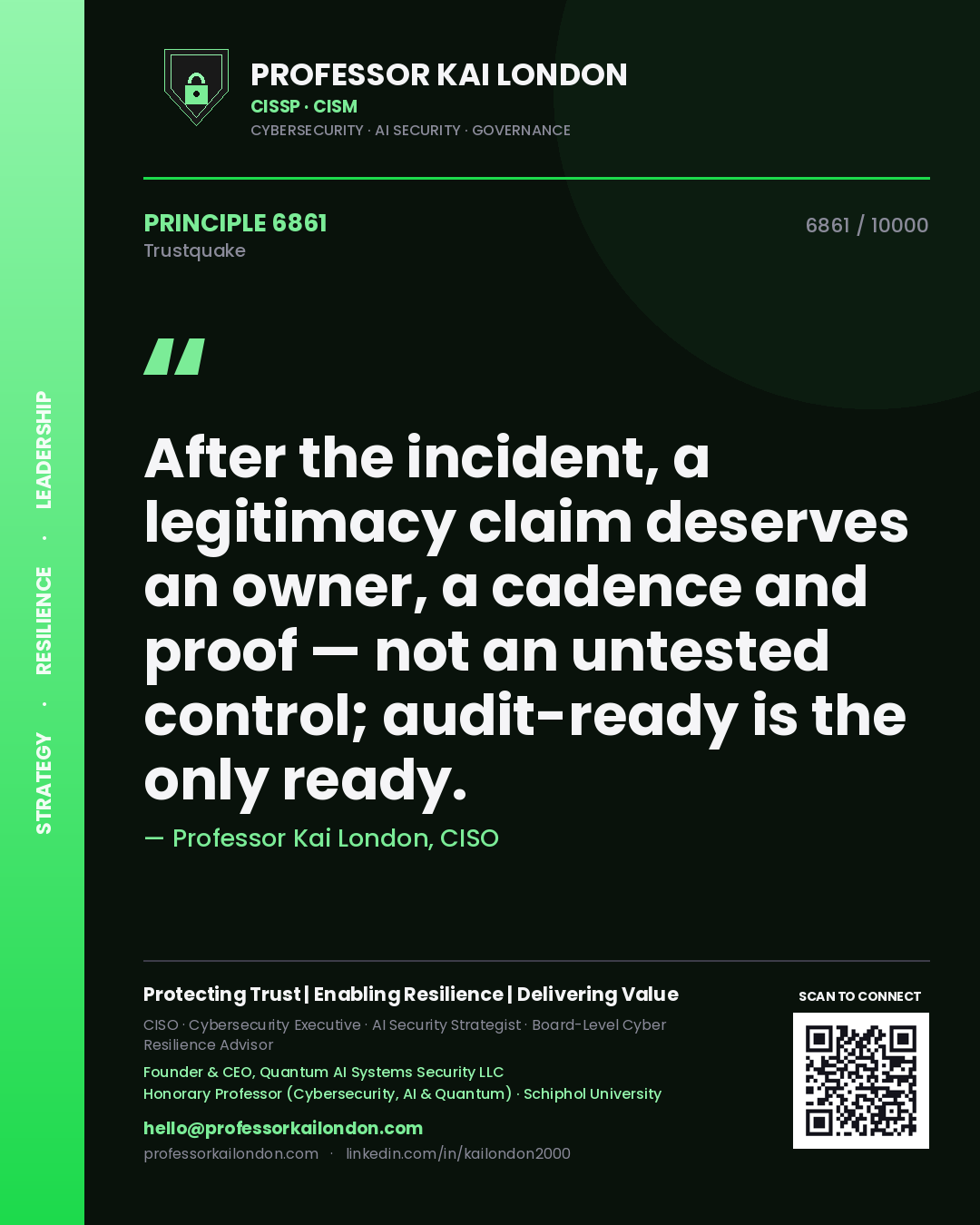 Professor Kai London principle 6861: After the incident, a legitimacy claim deserves an owner, a cadence and proof — not an untested control; audit-ready is the only ready.