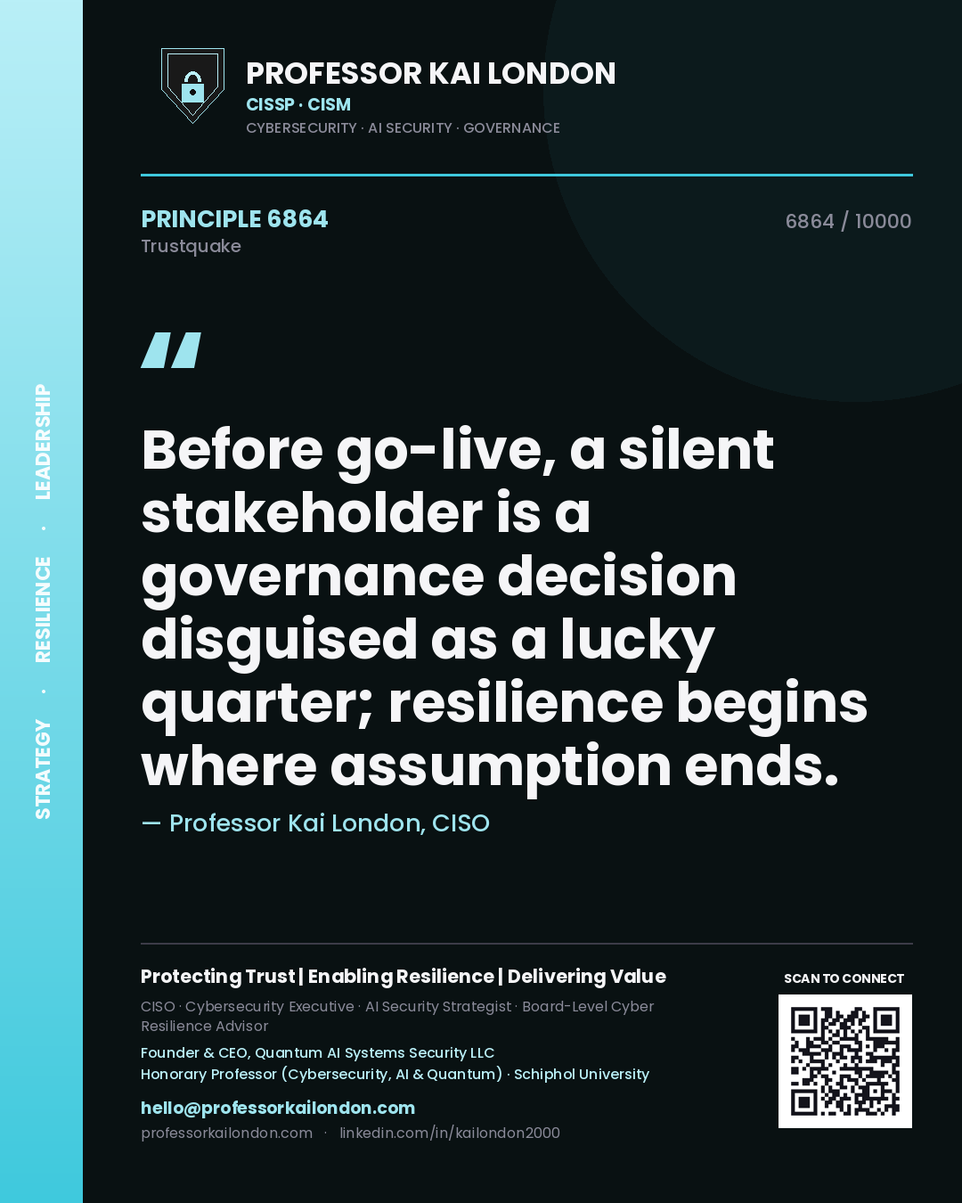 Professor Kai London principle 6864: Before go-live, a silent stakeholder is a governance decision disguised as a lucky quarter; resilience begins where assumption ends.