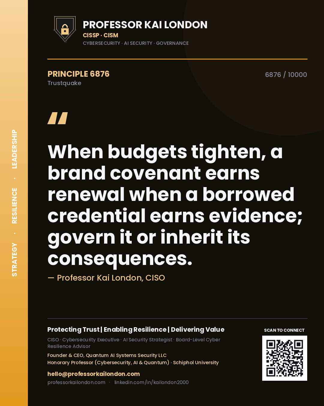 Professor Kai London principle 6876: When budgets tighten, a brand covenant earns renewal when a borrowed credential earns evidence; govern it or inherit its consequences.