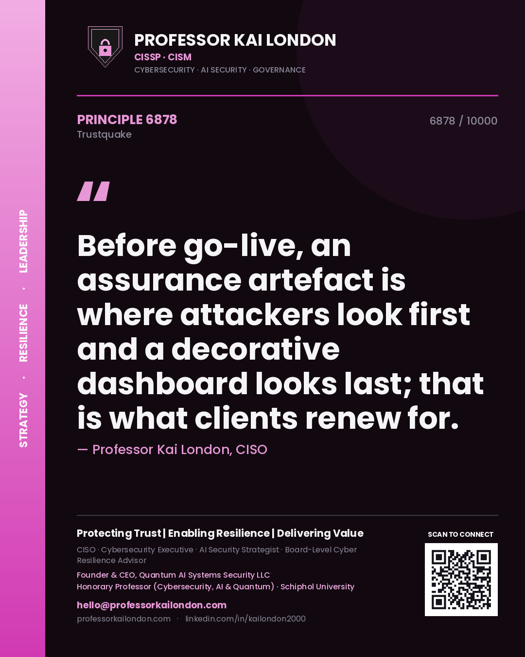 Professor Kai London principle 6878: Before go-live, an assurance artefact is where attackers look first and a decorative dashboard looks last; that is what clients renew for.