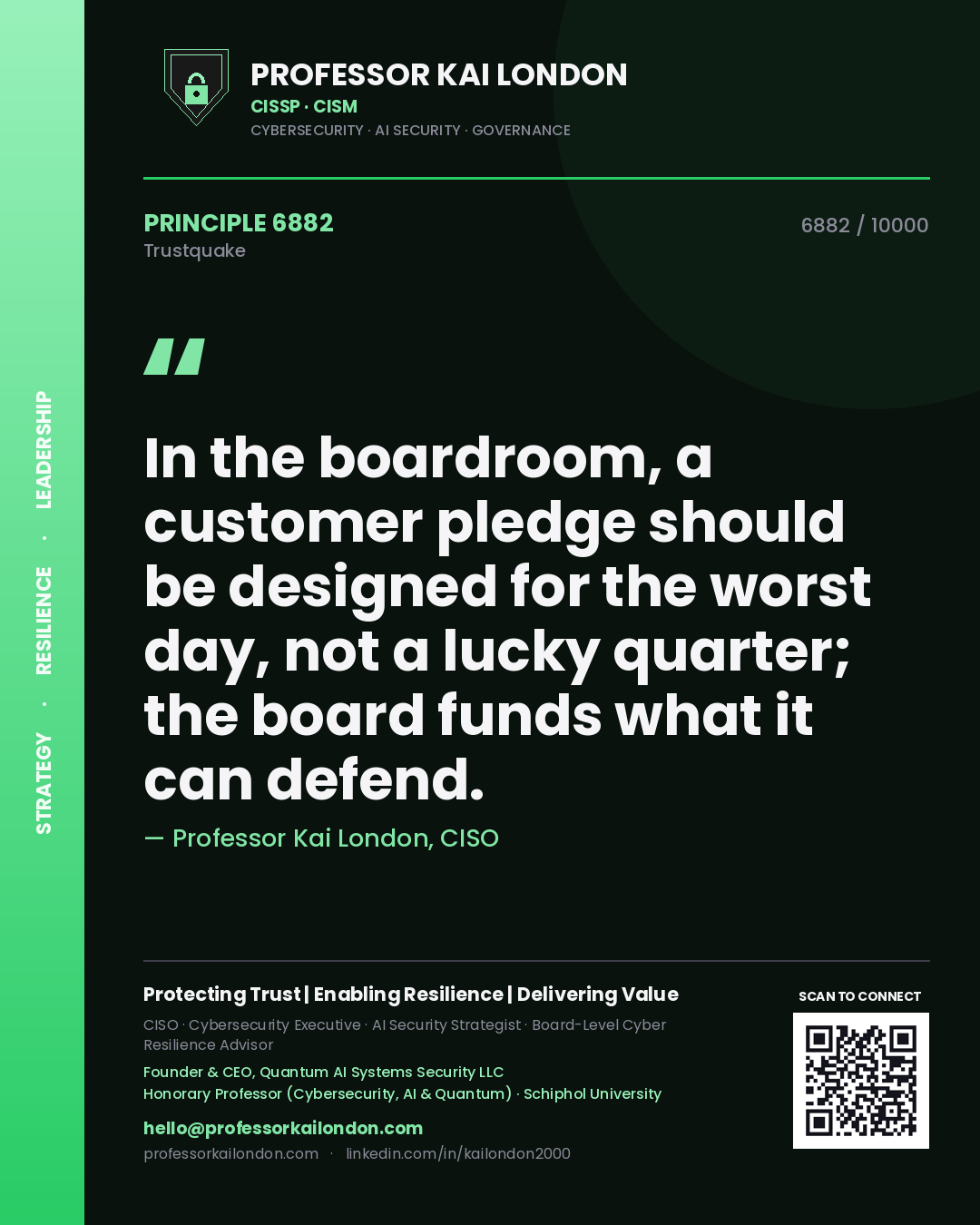 Quote card by Professor Kai London reading 'In the boardroom, a customer pledge should be designed for the worst day, not a lucky quarter; the board funds what it can defend.'. From the book Trustquake.