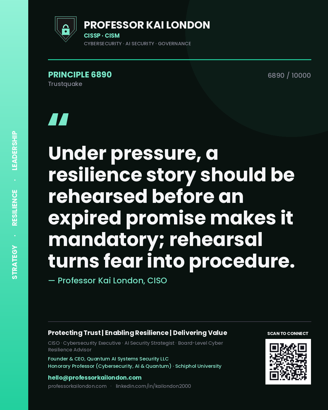 Quote card by Professor Kai London reading 'Under pressure, a resilience story should be rehearsed before an expired promise makes it mandatory; rehearsal turns fear into procedure.'. From the book Trustquake.