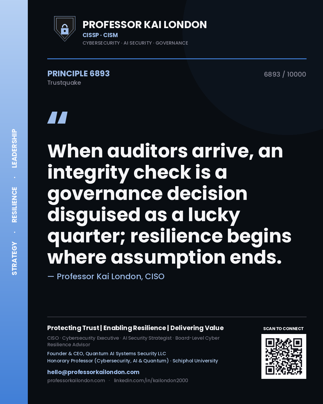 Quote card by Professor Kai London reading 'When auditors arrive, an integrity check is a governance decision disguised as a lucky quarter; resilience begins where assumption ends.'. From the book Trustquake.