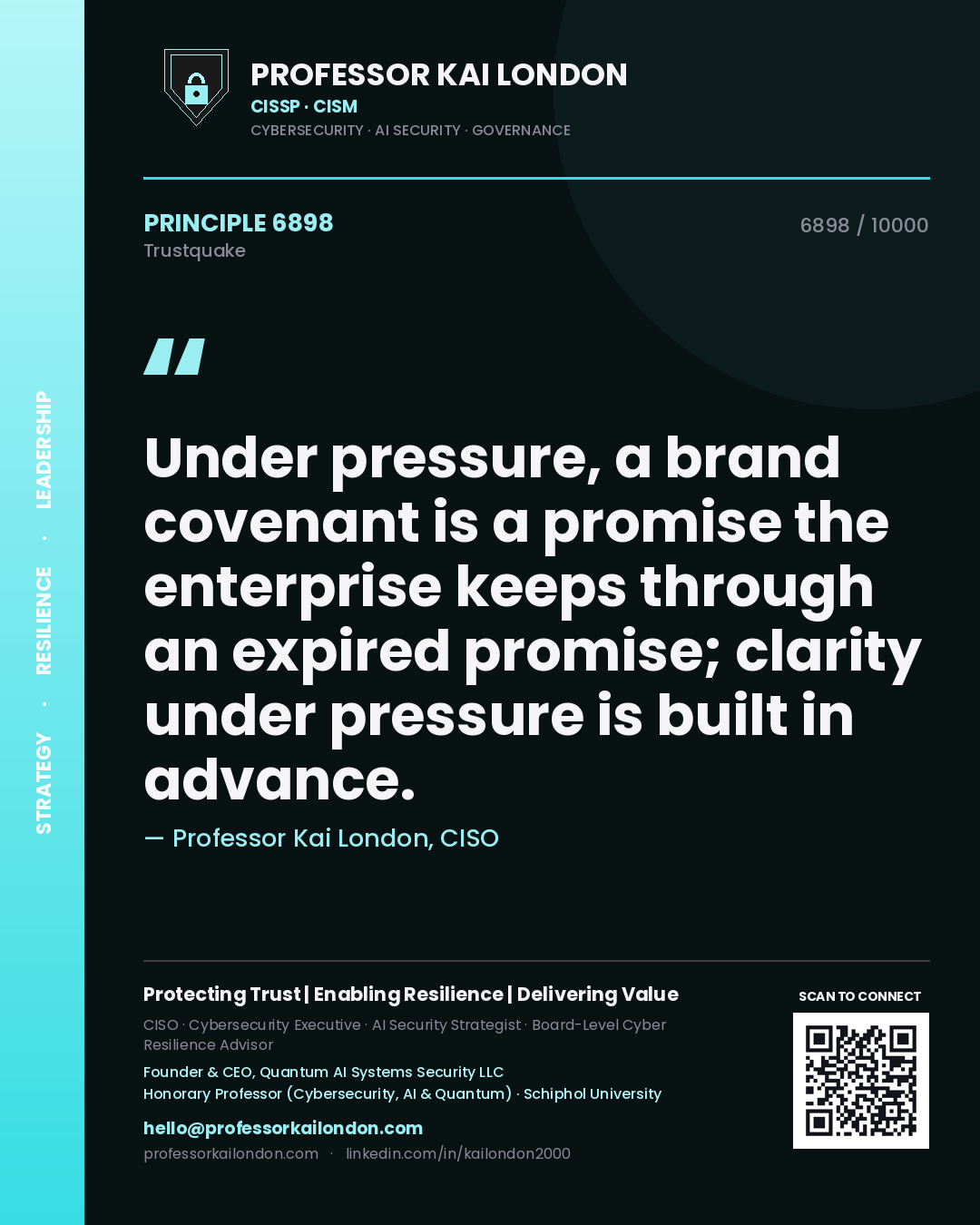 Quote card by Professor Kai London reading 'Under pressure, a brand covenant is a promise the enterprise keeps through an expired promise; clarity under pressure is built in advance.'. From the book Trustquake.