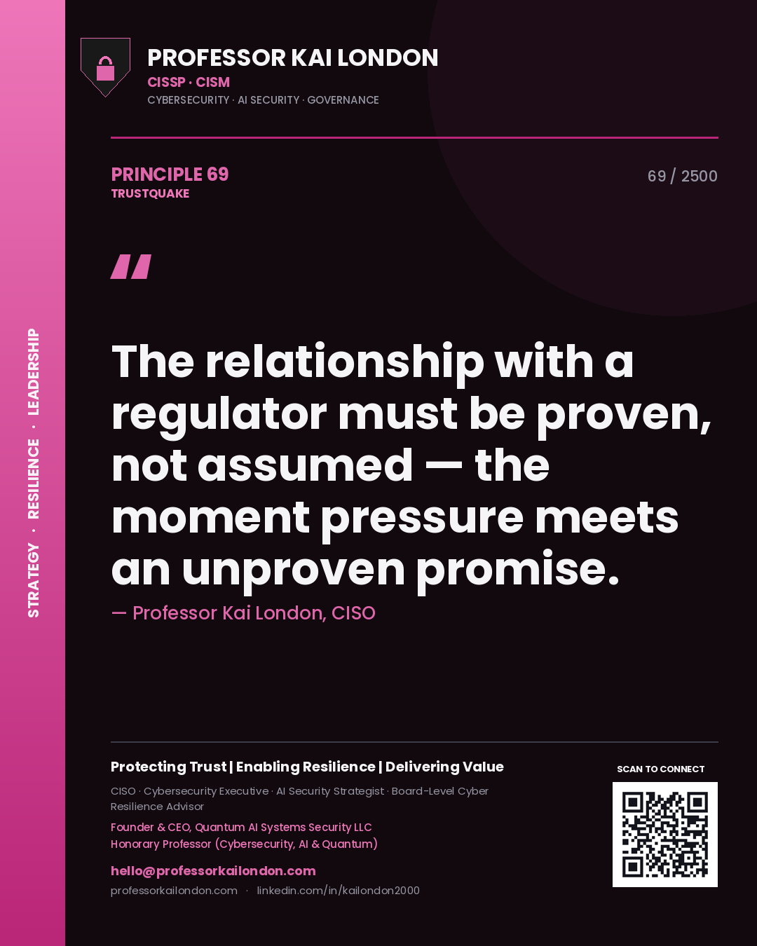 Professor Kai London principle 69: The relationship with a regulator must be proven, not assumed — the moment pressure meets an unproven promise.