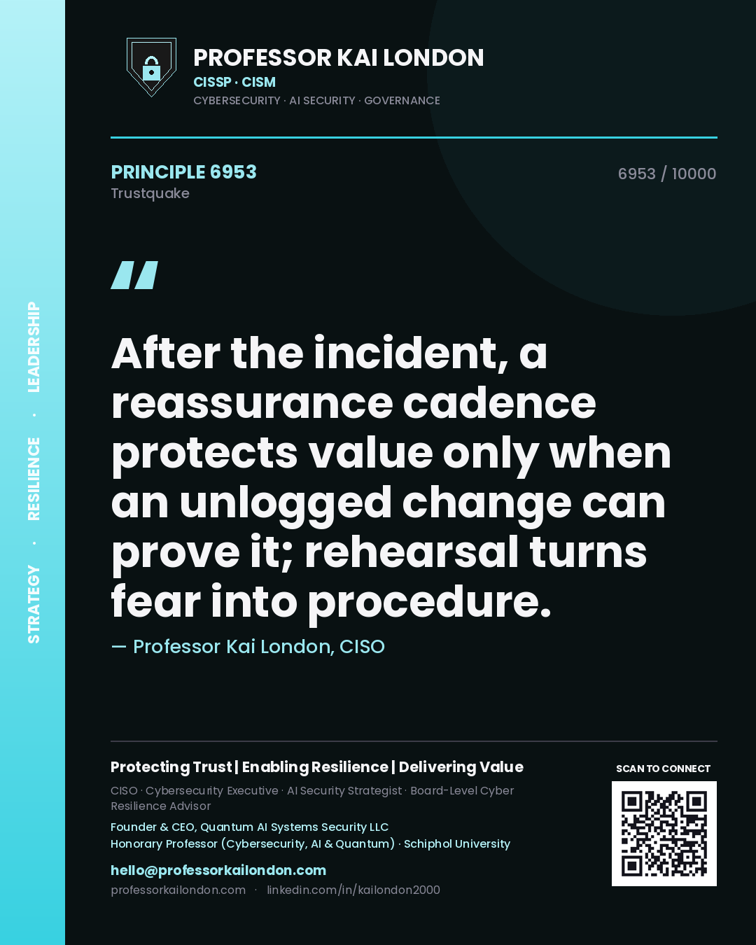 Quote card by Professor Kai London reading 'After the incident, a reassurance cadence protects value only when an unlogged change can prove it; rehearsal turns fear into procedure.'. From the book Trustquake.