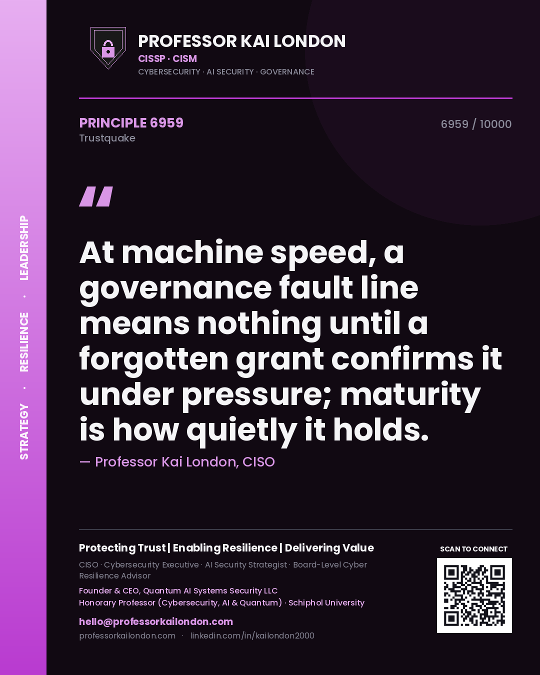 Quote card by Professor Kai London reading 'At machine speed, a governance fault line means nothing until a forgotten grant confirms it under pressure; maturity is how quietly it holds.'. From the book Trustquake.