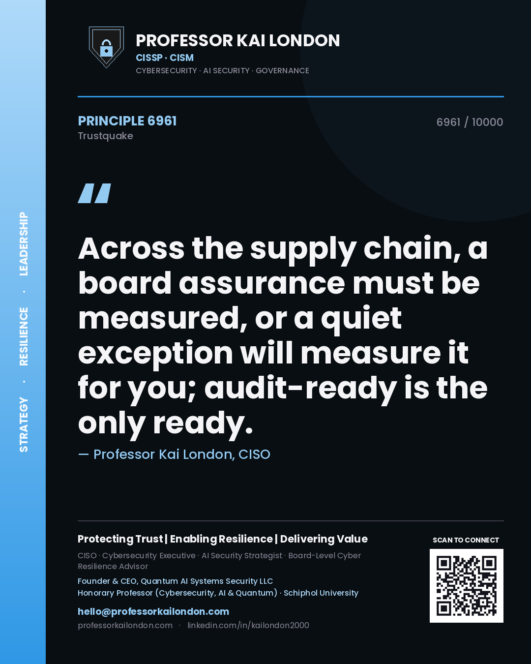 Quote card by Professor Kai London reading 'Across the supply chain, a board assurance must be measured, or a quiet exception will measure it for you; audit-ready is the only ready.'. From the book Trustquake.