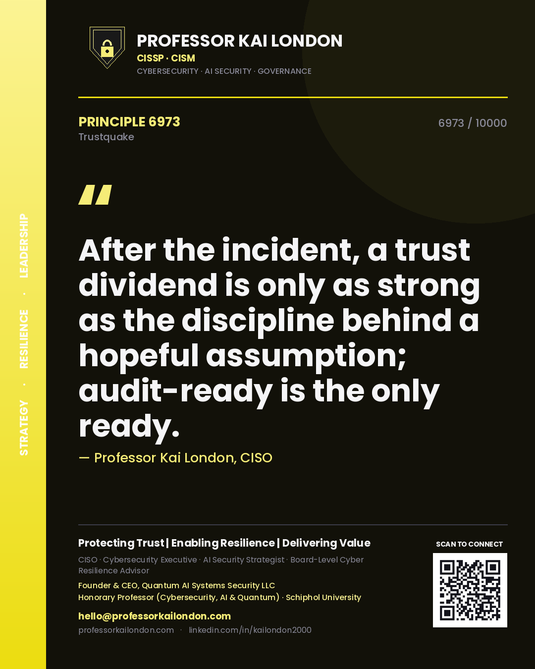 Quote card by Professor Kai London reading 'After the incident, a trust dividend is only as strong as the discipline behind a hopeful assumption; audit-ready is the only ready.'. From the book Trustquake.