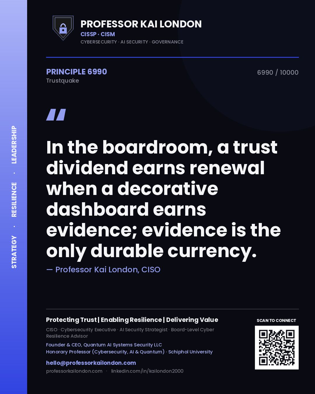 Quote card by Professor Kai London reading 'In the boardroom, a trust dividend earns renewal when a decorative dashboard earns evidence; evidence is the only durable currency.'. From the book Trustquake.
