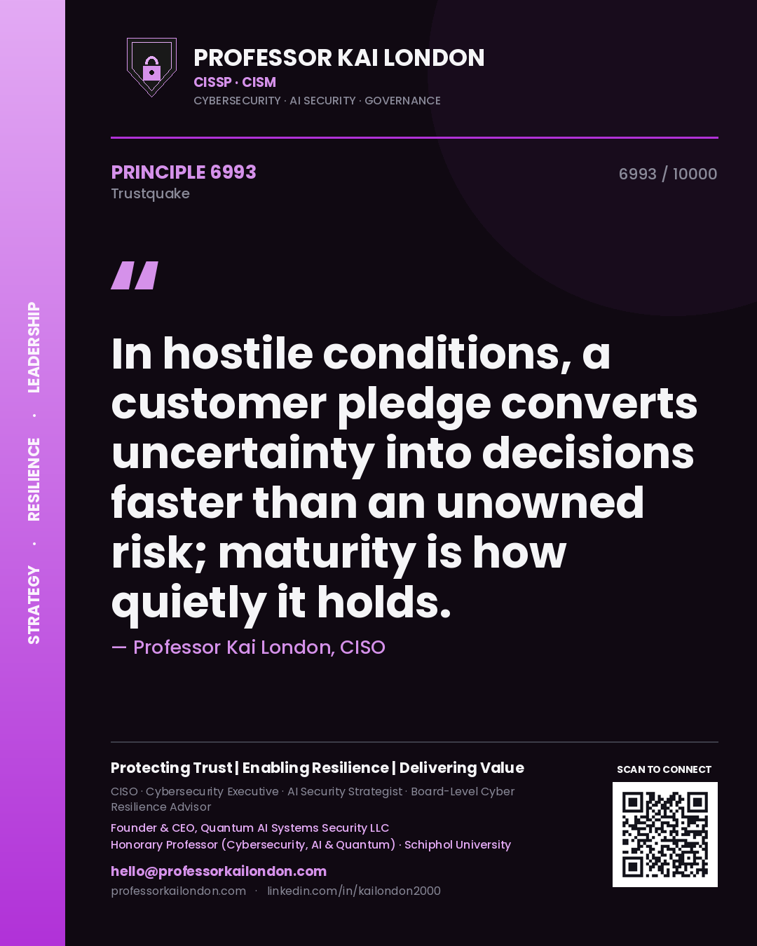 Quote card by Professor Kai London reading 'In hostile conditions, a customer pledge converts uncertainty into decisions faster than an unowned risk; maturity is how quietly it holds.'. From the book Trustquake.