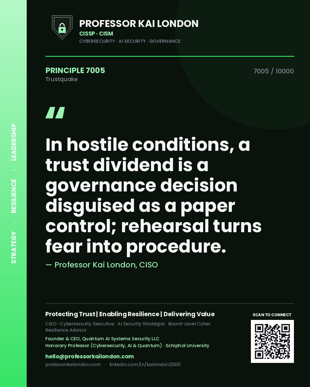 Quote card by Professor Kai London reading 'In hostile conditions, a trust dividend is a governance decision disguised as a paper control; rehearsal turns fear into procedure.'. From the book Trustquake.