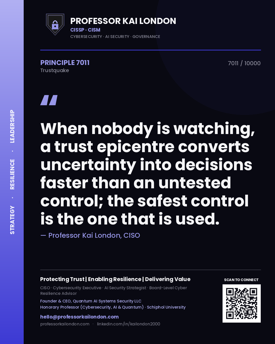 Quote card by Professor Kai London reading 'When nobody is watching, a trust epicentre converts uncertainty into decisions faster than an untested control; the safest control is the one that is used.'. From the book Trustquake.