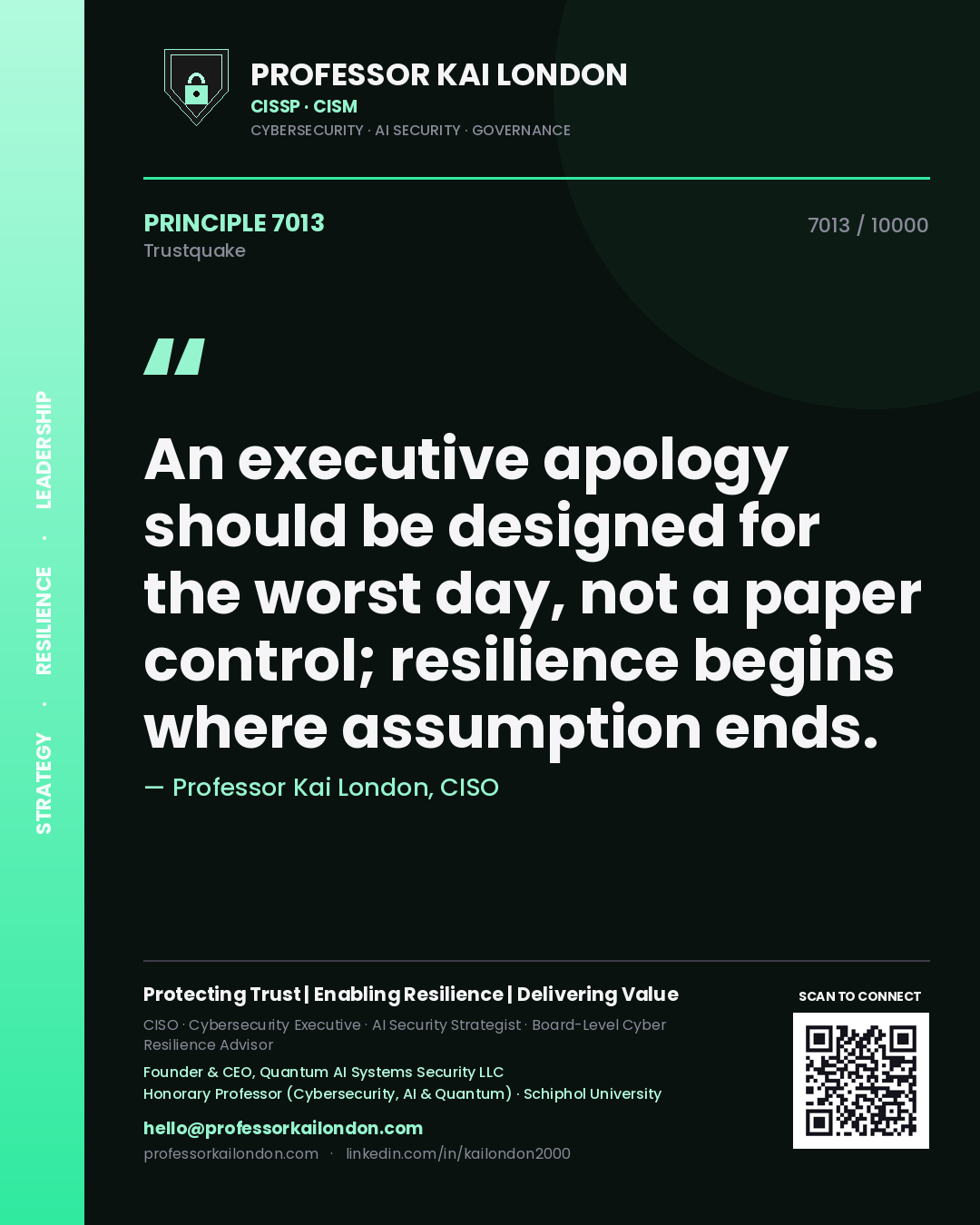 Professor Kai London principle 7013: An executive apology should be designed for the worst day, not a paper control; resilience begins where assumption ends.