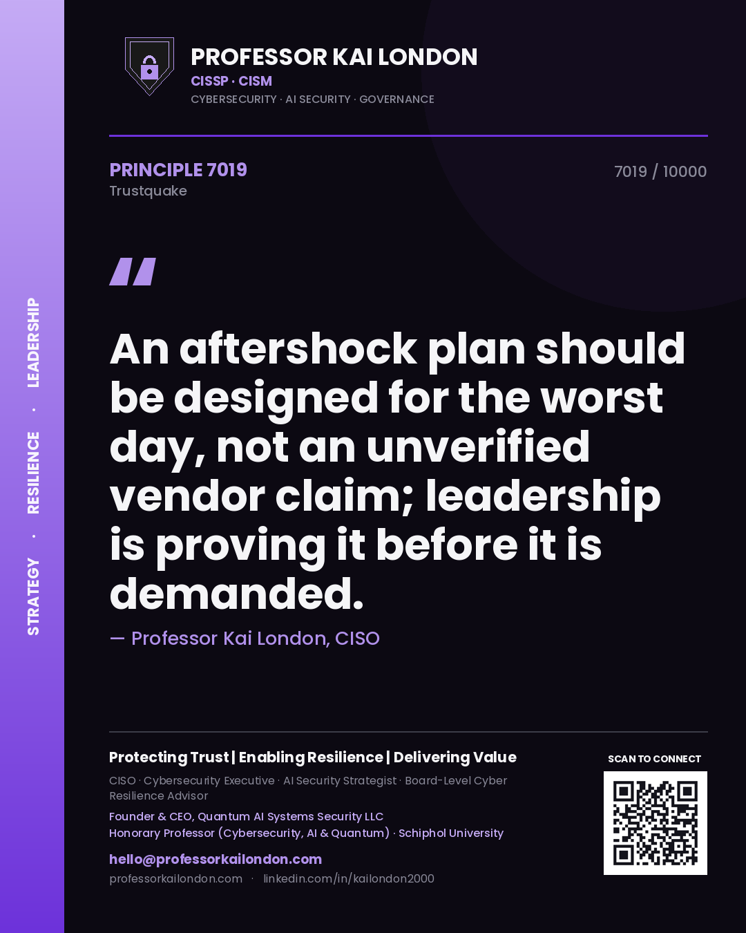 Quote card by Professor Kai London reading 'An aftershock plan should be designed for the worst day, not an unverified vendor claim; leadership is proving it before it is demanded.'. From the book Trustquake.