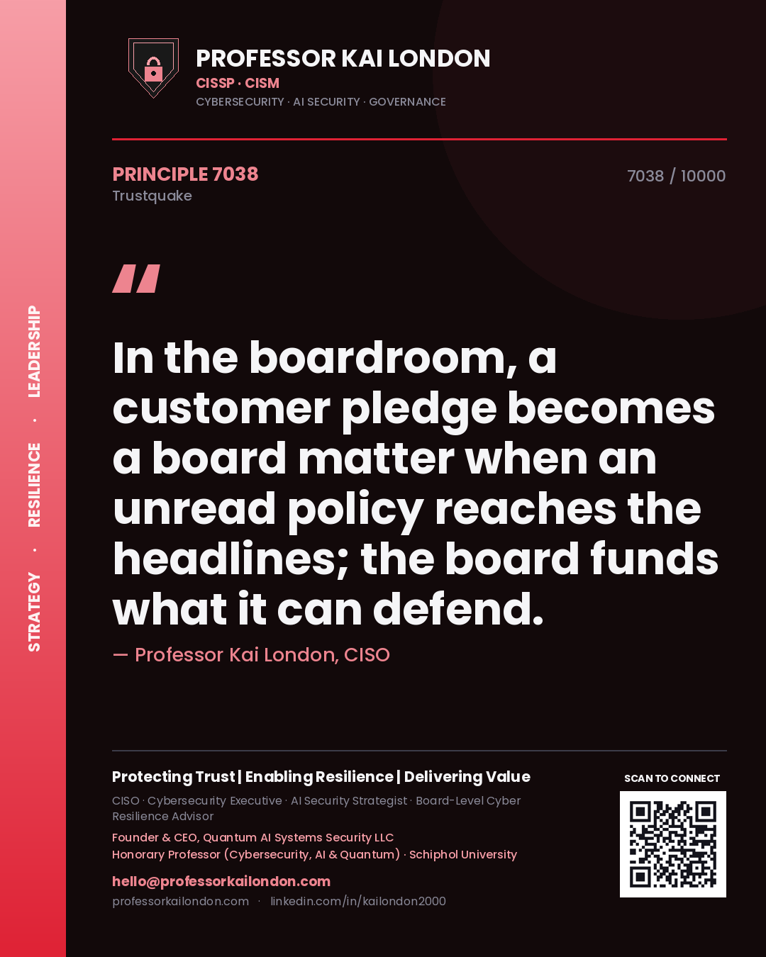 Professor Kai London principle 7038: In the boardroom, a customer pledge becomes a board matter when an unread policy reaches the headlines; the board funds what it can defend.