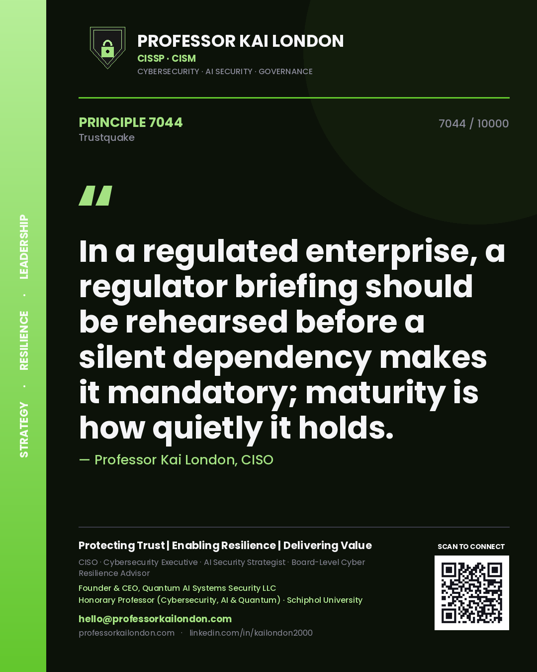 Professor Kai London principle 7044: In a regulated enterprise, a regulator briefing should be rehearsed before a silent dependency makes it mandatory; maturity is how quietly it holds.