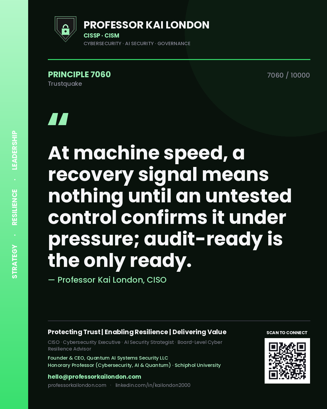 Quote card by Professor Kai London reading 'At machine speed, a recovery signal means nothing until an untested control confirms it under pressure; audit-ready is the only ready.'. From the book Trustquake.