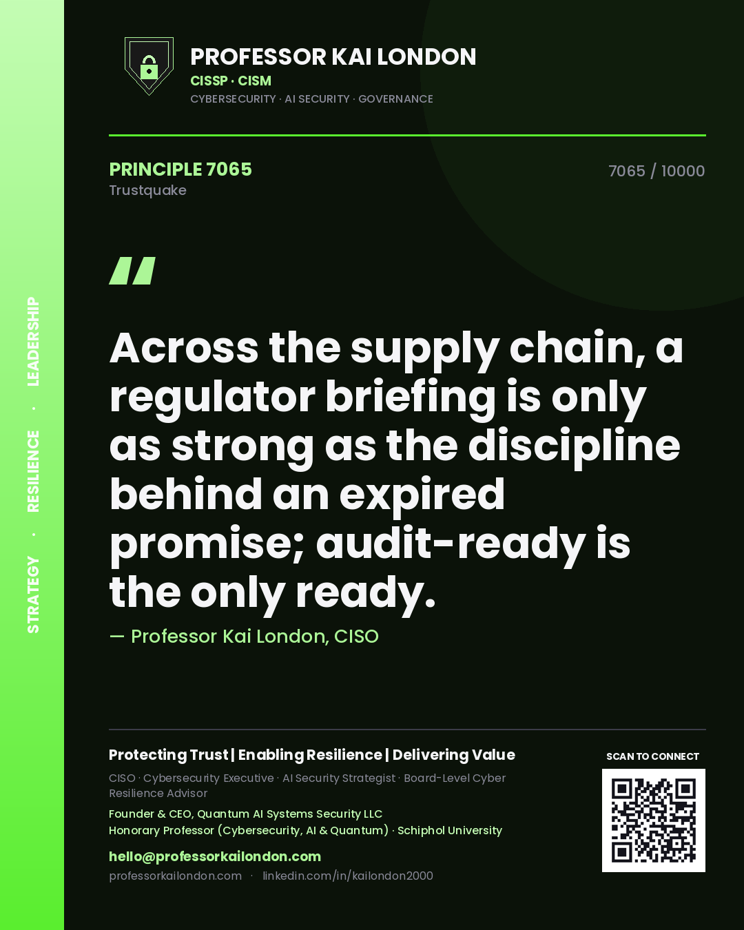 Professor Kai London principle 7065: Across the supply chain, a regulator briefing is only as strong as the discipline behind an expired promise; audit-ready is the only ready.