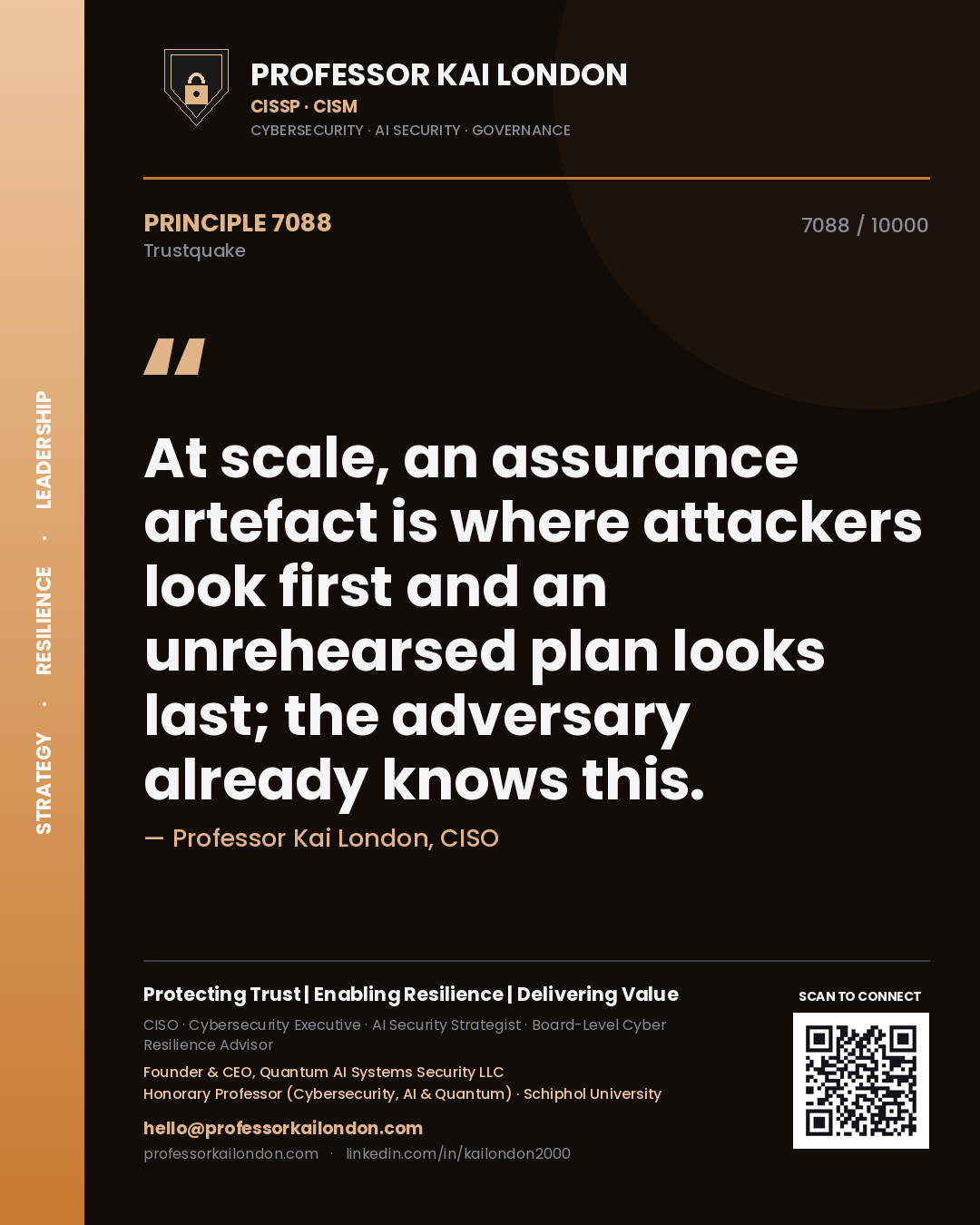 Professor Kai London principle 7088: At scale, an assurance artefact is where attackers look first and an unrehearsed plan looks last; the adversary already knows this.