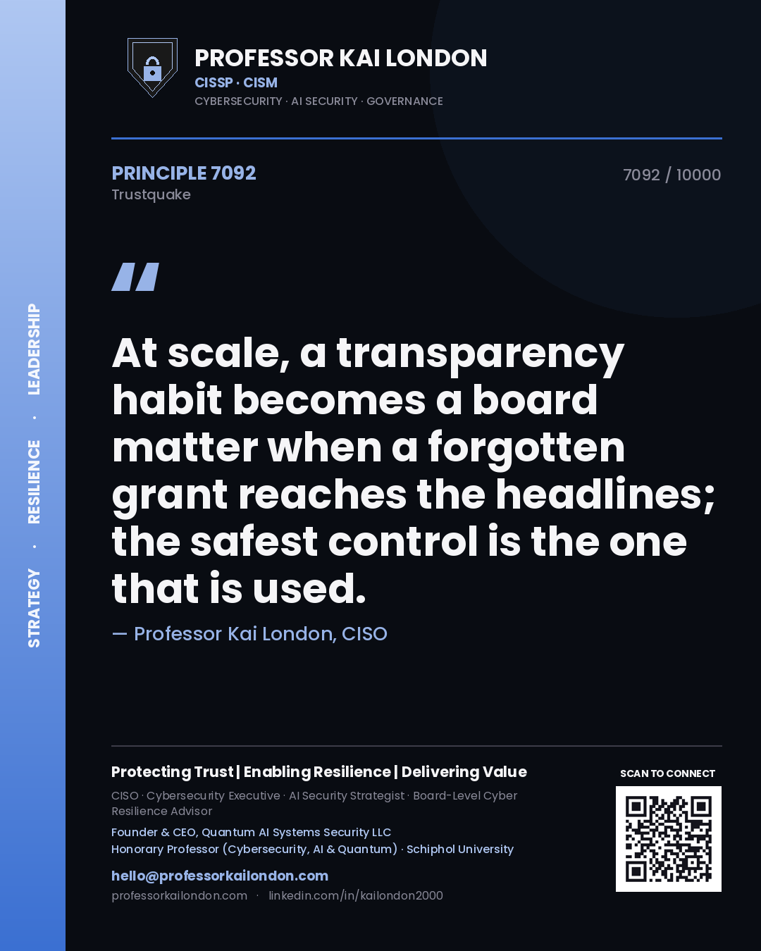Quote card by Professor Kai London reading 'At scale, a transparency habit becomes a board matter when a forgotten grant reaches the headlines; the safest control is the one that is used.'. From the book Trustquake.