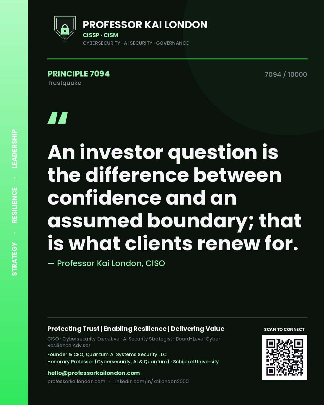 Quote card by Professor Kai London reading 'An investor question is the difference between confidence and an assumed boundary; that is what clients renew for.'. From the book Trustquake.