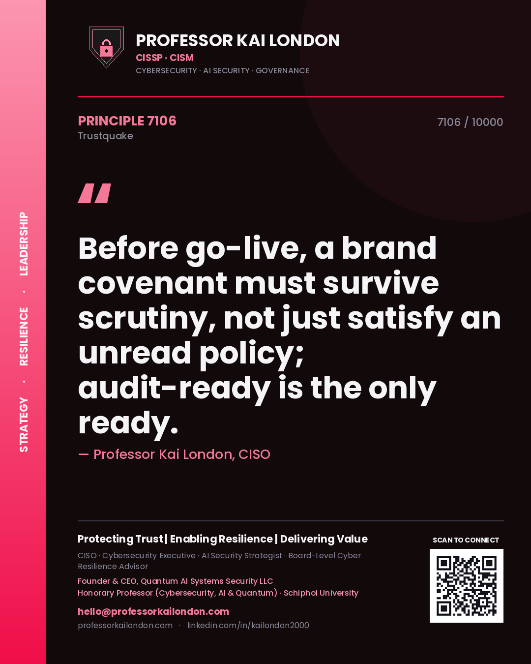 Quote card by Professor Kai London reading 'Before go-live, a brand covenant must survive scrutiny, not just satisfy an unread policy; audit-ready is the only ready.'. From the book Trustquake.