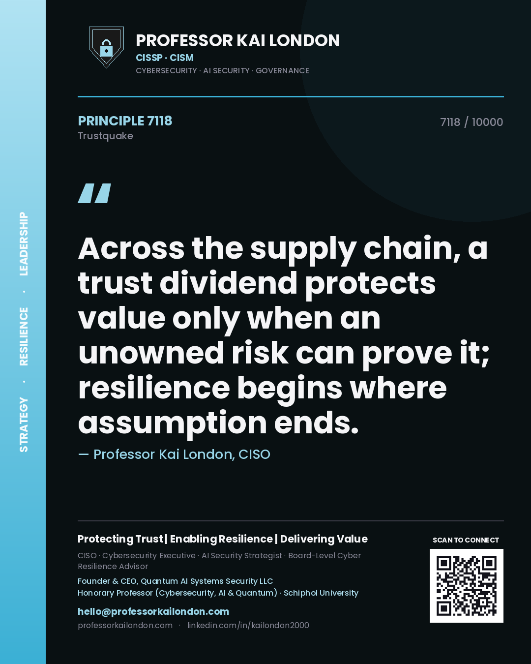 Quote card by Professor Kai London reading 'Across the supply chain, a trust dividend protects value only when an unowned risk can prove it; resilience begins where assumption ends.'. From the book Trustquake.