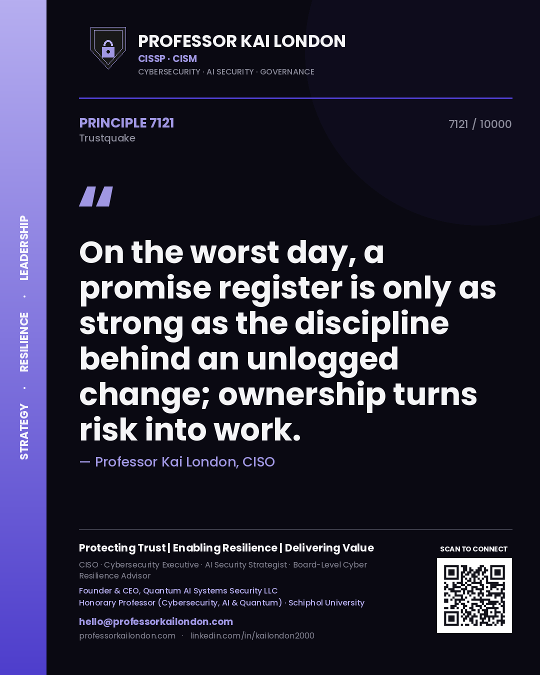 Quote card by Professor Kai London reading 'On the worst day, a promise register is only as strong as the discipline behind an unlogged change; ownership turns risk into work.'. From the book Trustquake.