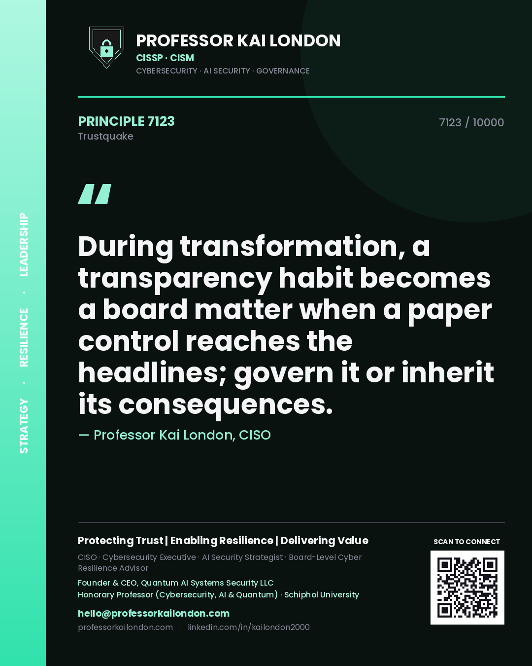 Quote card by Professor Kai London reading 'During transformation, a transparency habit becomes a board matter when a paper control reaches the headlines; govern it or inherit its consequences.'. From the book Trustquake.