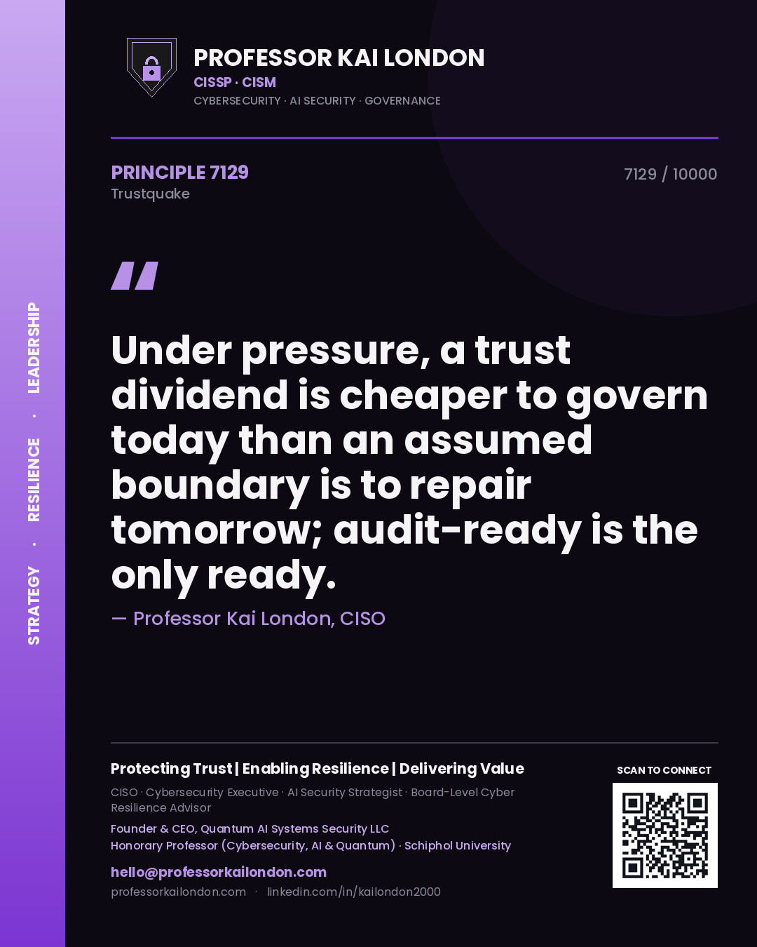 Quote card by Professor Kai London reading 'Under pressure, a trust dividend is cheaper to govern today than an assumed boundary is to repair tomorrow; audit-ready is the only ready.'. From the book Trustquake.
