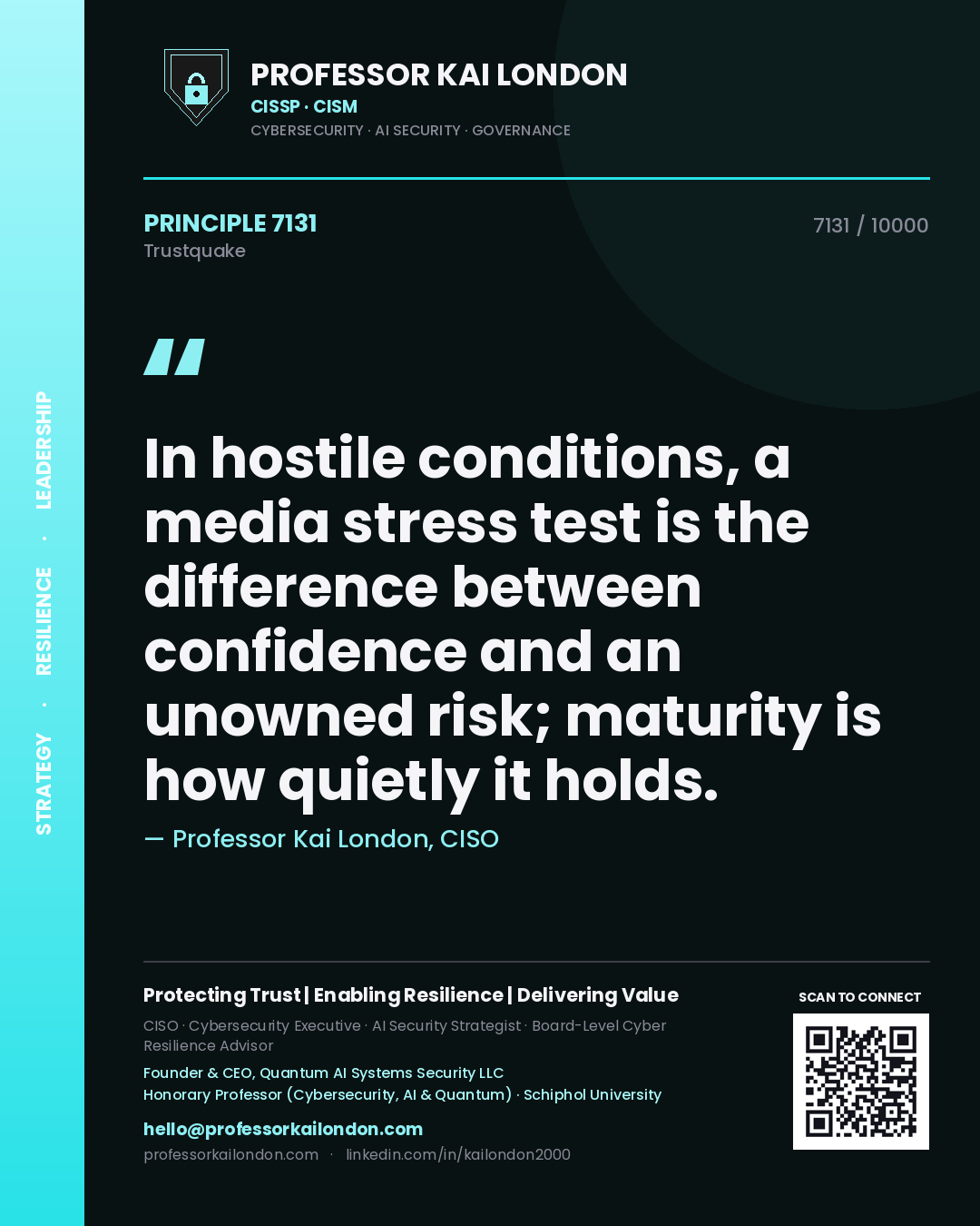Quote card by Professor Kai London reading 'In hostile conditions, a media stress test is the difference between confidence and an unowned risk; maturity is how quietly it holds.'. From the book Trustquake.