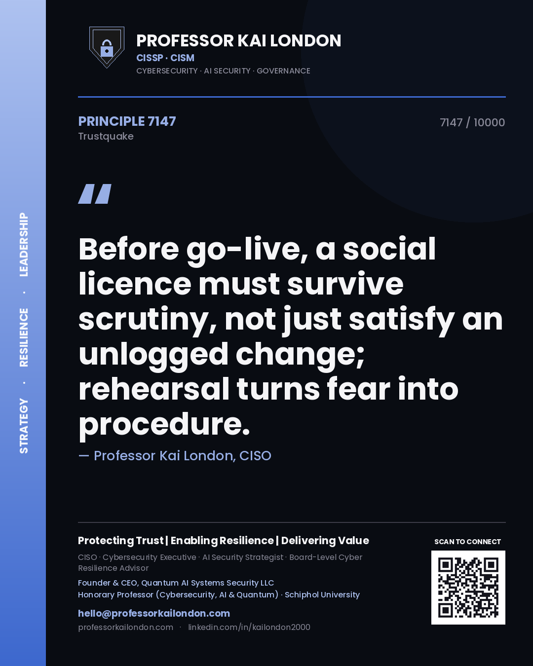 Professor Kai London principle 7147: Before go-live, a social licence must survive scrutiny, not just satisfy an unlogged change; rehearsal turns fear into procedure.