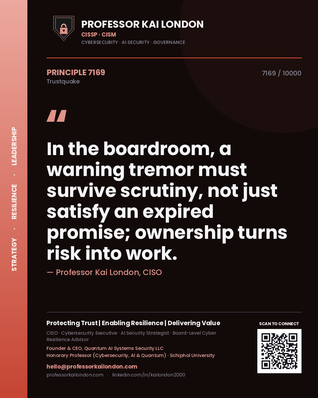 Quote card by Professor Kai London reading 'In the boardroom, a warning tremor must survive scrutiny, not just satisfy an expired promise; ownership turns risk into work.'. From the book Trustquake.