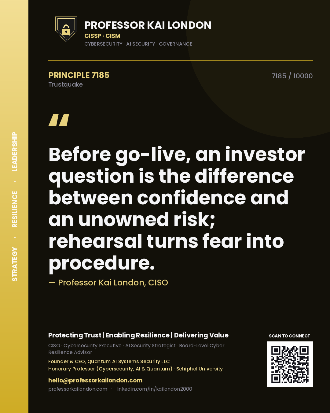 Professor Kai London principle 7185: Before go-live, an investor question is the difference between confidence and an unowned risk; rehearsal turns fear into procedure.