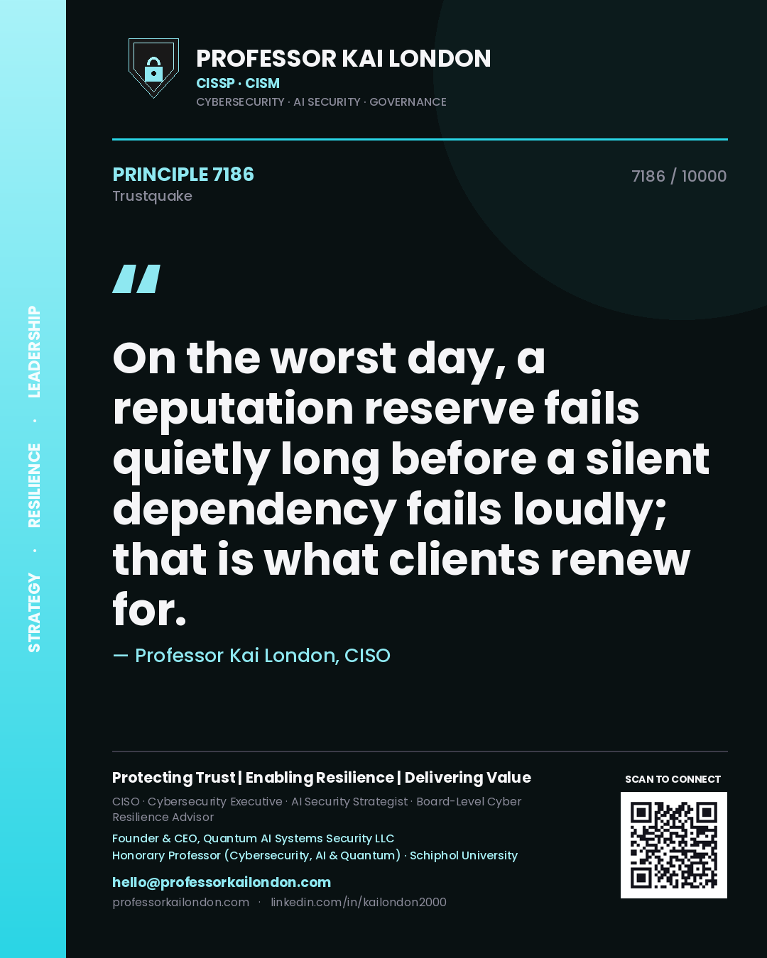 Quote card by Professor Kai London reading 'On the worst day, a reputation reserve fails quietly long before a silent dependency fails loudly; that is what clients renew for.'. From the book Trustquake.