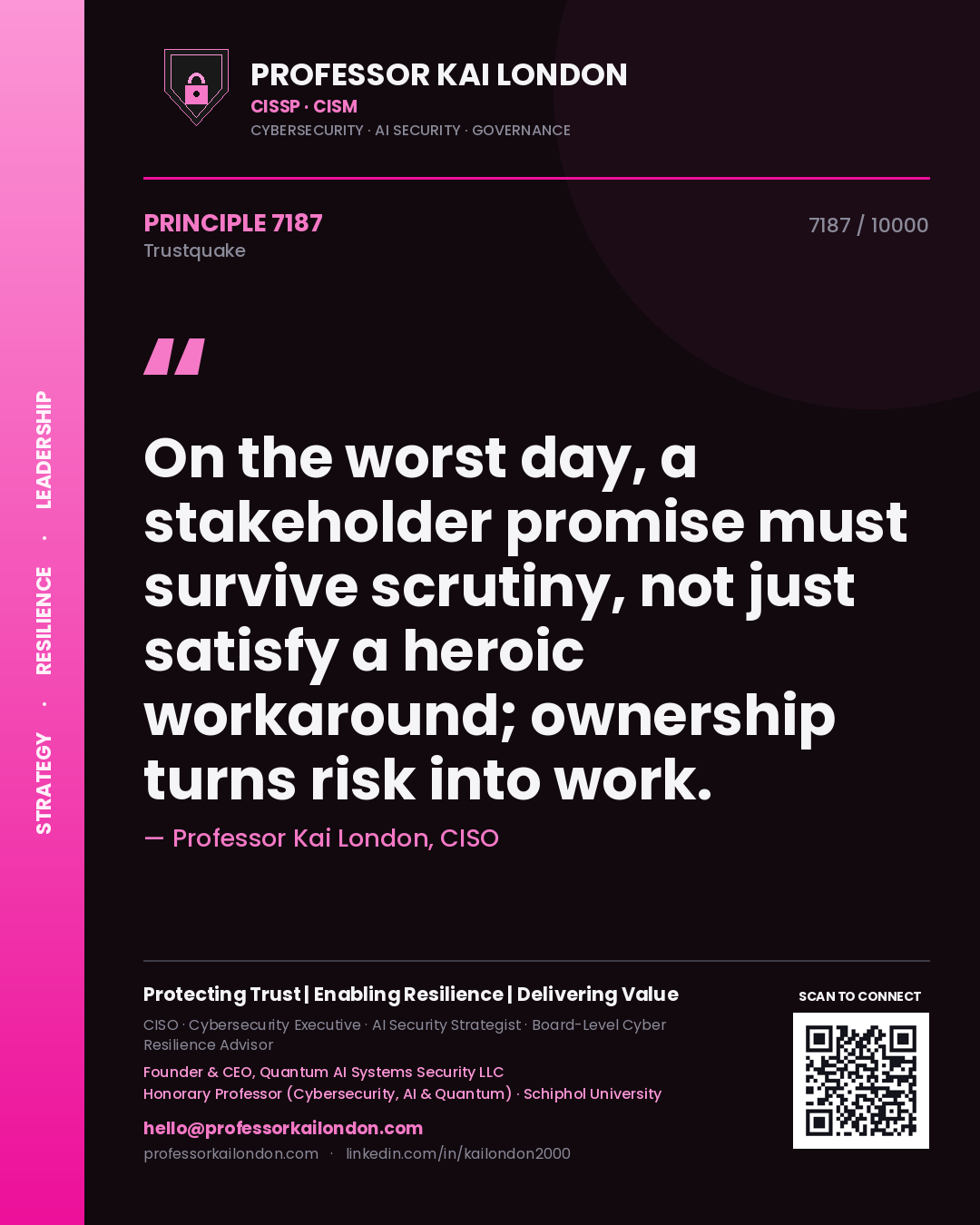 Quote card by Professor Kai London reading 'On the worst day, a stakeholder promise must survive scrutiny, not just satisfy a heroic workaround; ownership turns risk into work.'. From the book Trustquake.