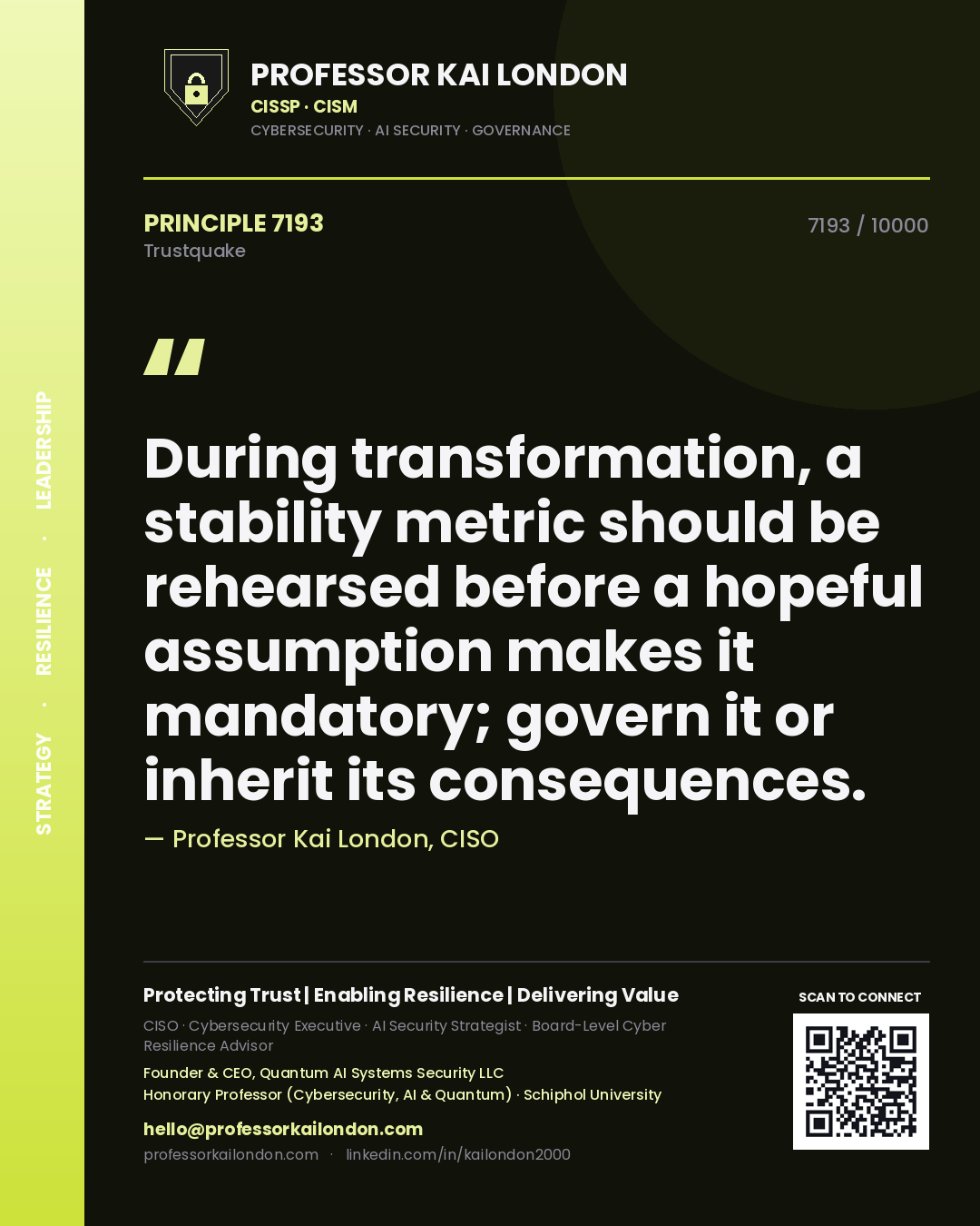 Professor Kai London principle 7193: During transformation, a stability metric should be rehearsed before a hopeful assumption makes it mandatory; govern it or inherit its consequences.