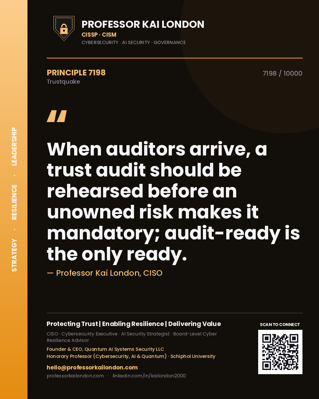 Quote card by Professor Kai London reading 'When auditors arrive, a trust audit should be rehearsed before an unowned risk makes it mandatory; audit-ready is the only ready.'. From the book Trustquake.