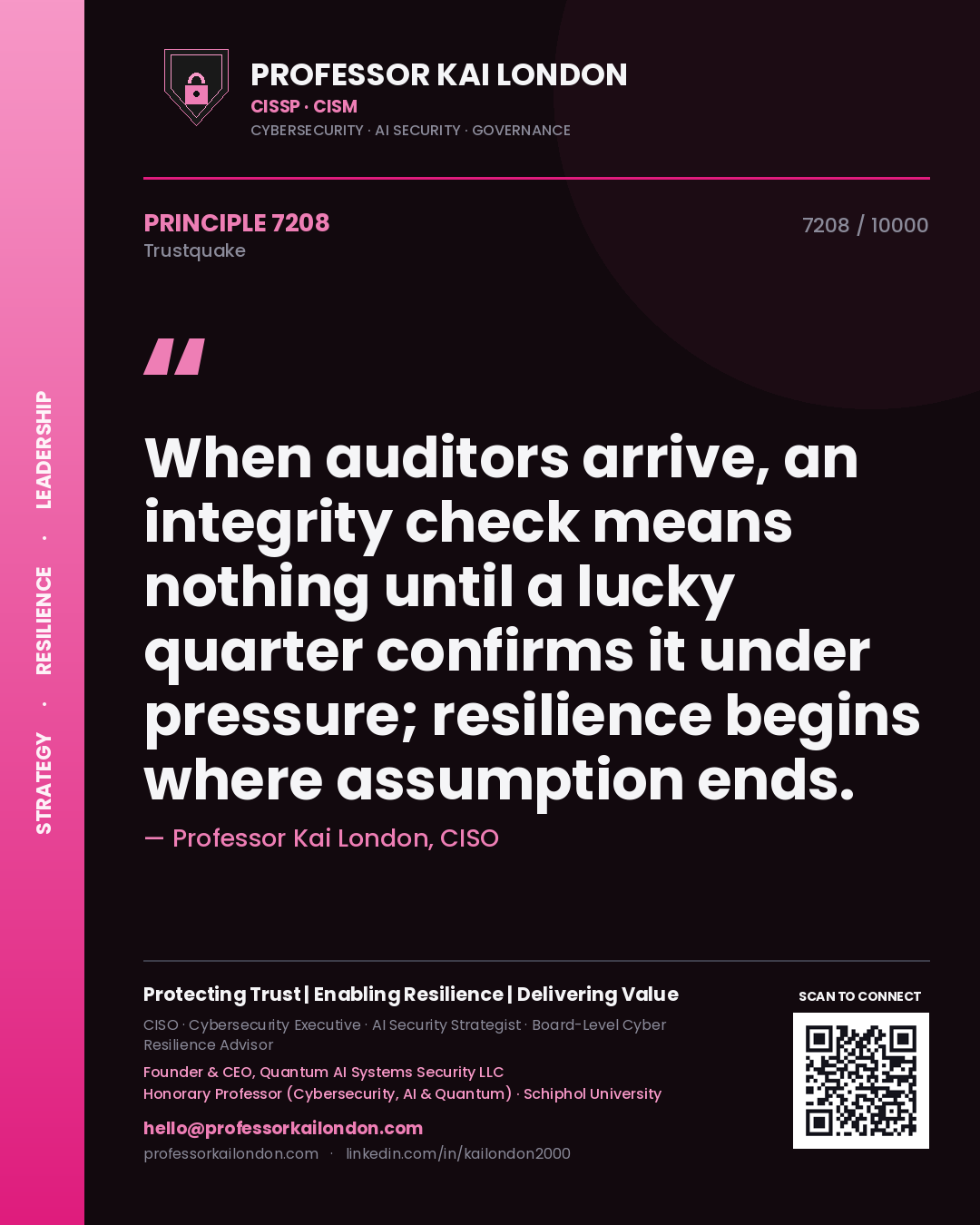 Quote card by Professor Kai London reading 'When auditors arrive, an integrity check means nothing until a lucky quarter confirms it under pressure; resilience begins where assumption ends.'. From the book Trustquake.
