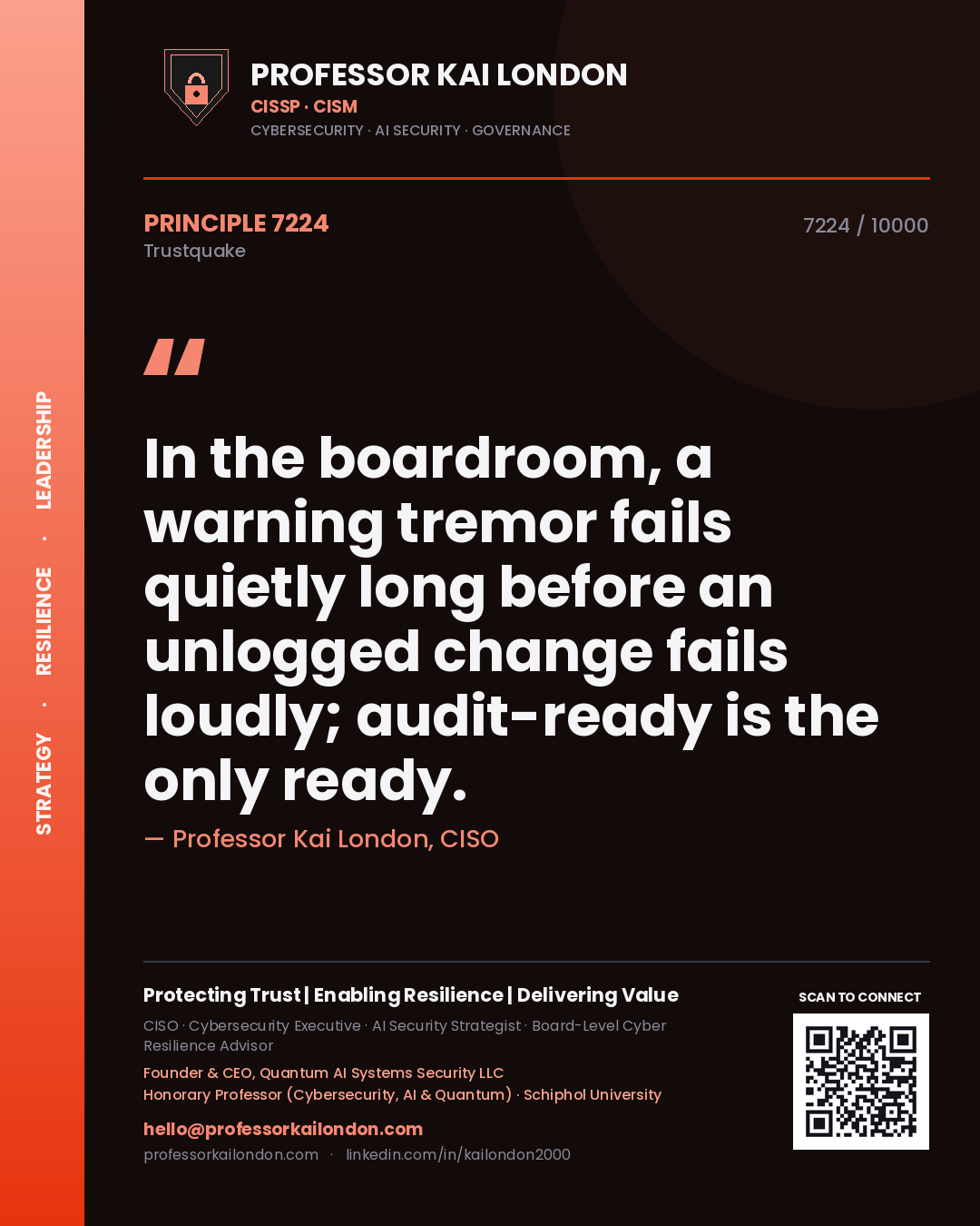 Quote card by Professor Kai London reading 'In the boardroom, a warning tremor fails quietly long before an unlogged change fails loudly; audit-ready is the only ready.'. From the book Trustquake.